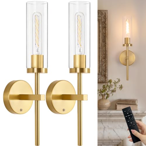 Image of Shenmoyl Battery Operated Wall Sconces Set of 2, Gold Rechargeable Wall Lighting Fixtures, Dimmable Wall Lights with Remote & Clear Glass Shade for Living Room, Bathroom,Bedroom