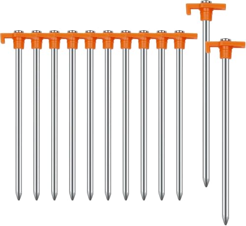 12PCS Tent Stakes Heavy Duty Camping Stakes,AVOFOREST 10 Inch Non-Rust Metal Tent Pegs Ground Stakes Tent Spikes Camping,Garden,Hiking Orange
