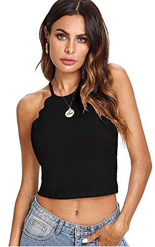 Flower999 Women's Summer Solid Basic Sexy Cami Halter Neck Sleeveless Racerback Crop Top (Large, Black)