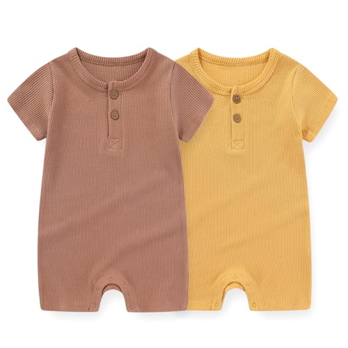Image of JELYLOVE Unisex Short Sleeve Baby Romper 2 Pack Cotton Solid infant Boy Girl Jumpsuits Soft New Born Clothes