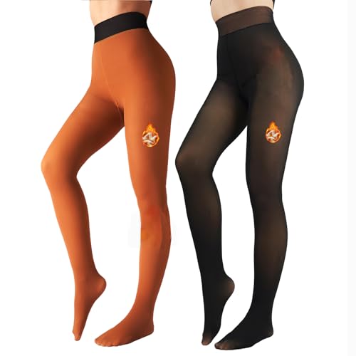 Image of Caprilite 2 Pairs Women Fleece Lined Tights-Fake Translucent Leggings High Waist Pantyhose Sheer Thick Warm Tights For Women