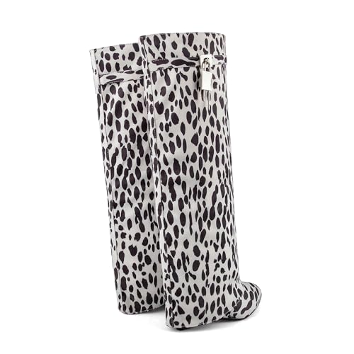 Image of keleimusi Fold Over Wedge Boots Heeled PadLock Pant Knee High Shoes Tall /Short Booties in Cow Print