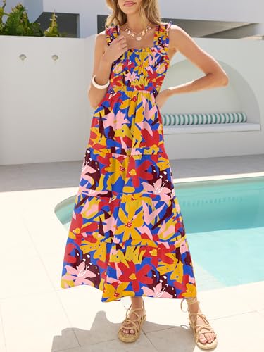 Image of Caracilia Womens Summer Maxi Dresses Floral Smocked Sleeveless Ruffle Boho Casual Flowy Aline Beach Vacation Long Sundress