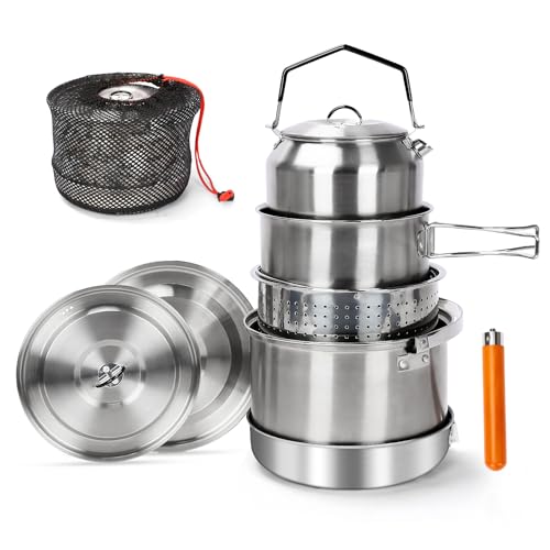 Denmay Camping Kochset Camping Kochgeschirr aus Edelstahl, Camping topfset, Camping Topf Pfanne Set, Edelstahl Camping Töpfe für Campingkocher, 5-teilig