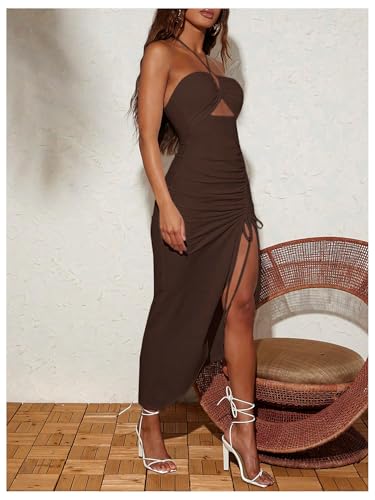 SOLY HUX Women's Cut Out Ruched Halter Dress High Split Drawstring Bodycon Maxi Vacation Dresses3