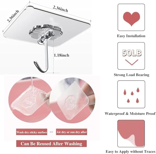 Image of CERLINK Self Adhesive Wall Hooks 30 Pack | Heavy Duty Transparent Sticky Hooks for Wall | No Drill, Waterproof, Strong Hold Hooks for Kitchen, Bathroom & Home (Pack of 30)