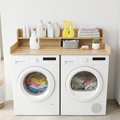 2-Tier Washer Dryer Countertop with Shelf, 54 x 27.5 in Laundry Countertop Over Washer Dryer with 2.75 in Guard Rail and Non-Slip Pads for Folding, Sorting, Laundry Room Storage Wooden Color