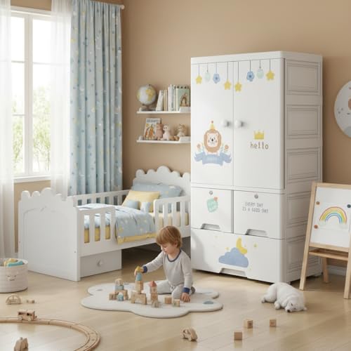 Image of Mevigo 3-Door Kids Plastic Wardrobe with Drawers - Cartoon Design Storage Cabinet for Children, Multi-Layer Clothes Organizer, Toy & Baby Clothing Storage Cupboard for Bedroom /Nursery -Lion-SJ6523