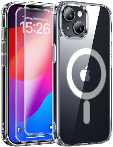 JAME for iPhone 15 Case Clear, iPhone 15 Magnetic Case with 2*Glass Screen Protectors, Compatible with Magsafe, Not Yellowing, Shockproof Slim Fit Transparent Phone Case for iPhone 15, 6.1 inch, Clear