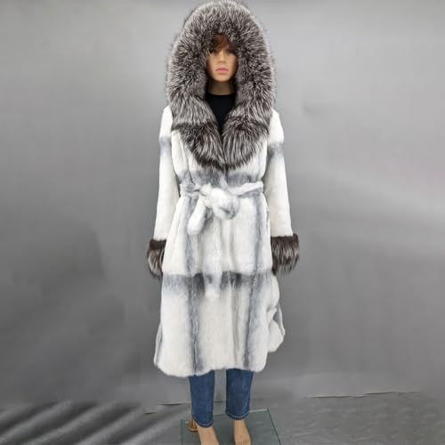 LVCOMEFF Women Genuine Rabbit Fur Long Coat Jacket with Silver Fox Fur Collar Hood Luxurious4