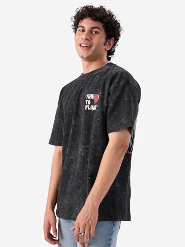 Image of The Souled Store Official Pennywise: Time to Float Men and Boys Short Sleeve Round Neck Grey Graphic Printed Cotton Oversized T-Shirts