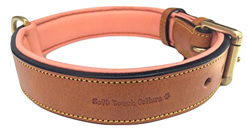 Soft Touch Collars Leather Dog Collar, Padded for Comfort , Large Tan and Coral , Real Genuine Luxury Leather