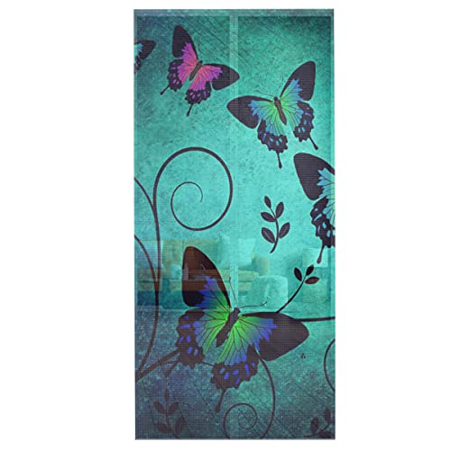 Magnet Screen Door Mesh Curtain Door Screen Magnetic Closure, Vintage Colorful Butterflies Heavy Duty Retractable Net Closure Front Patio Door Curtain, Classical Blue Green 38"X83" #TOP6