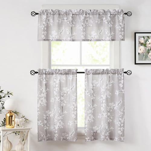 Image of FMFUNCTEX Valance Curtains for Kitchen Window Living Room 15 inch White Blossom Print Short Valance for Bathroom Floral Window Treatment Set 54 inchW Tan Rod Pocket 1 Panel
