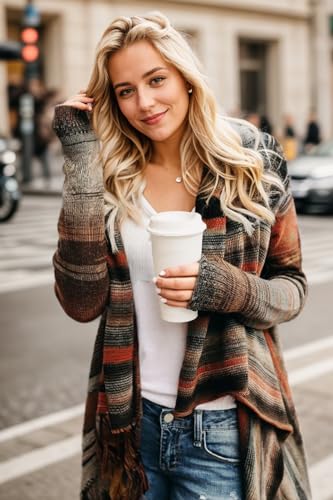 Women's Open Front Knited Tassels Slash Loose Cardigan Crew Neck Speckled Fringe Sweater Outwear2