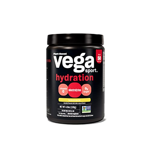Vega Sport Hydration Electrolyte Powder Lemonade (50 Servings) Post Workout Recovery Drink for Women & Men, Vitamin C, Vegan, Keto, Sugar Free, Gluten Free, Non GMO, 4.9oz (Packaging May Vary)