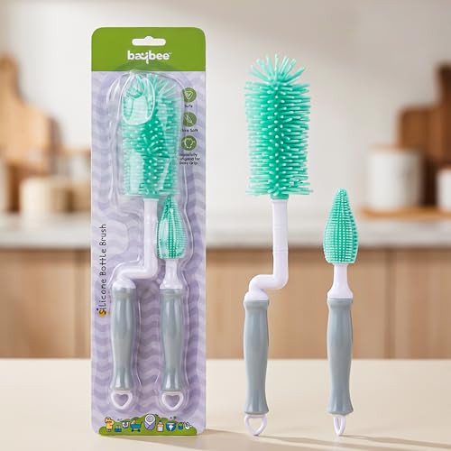 Image of Baybee 2Pc Combo Silicone Bottle Cleaning Brush | BPA-Free 360 Rotatable Silicone Bristles for Nipple, Straw, Vase, Glass & Feeding Bottle Cleaner Set | Anti Slip Handle, Easy to Clean Corner (Green)