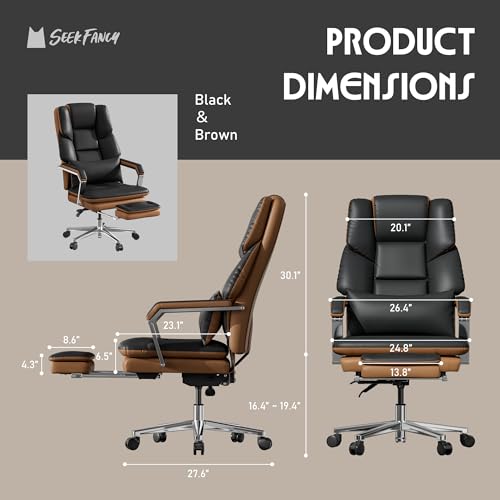 Image of SeekFancy Reclining Office Chair with Footrest, Big and Tall Office Chair 500lbs with Wide Seat and Lumbar Support for Heavy People, High Back, PU Leather, Black