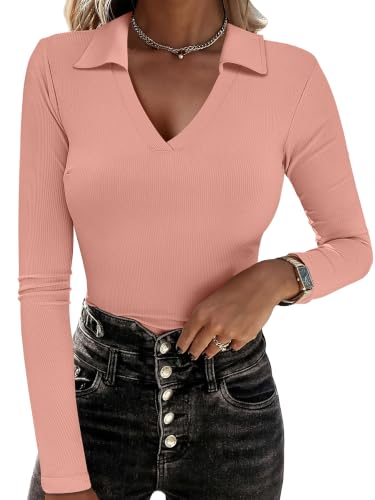 ANRABESS Women Long Sleeve Polo Shirts V Neck Slim Rib Knit Collared Dressy Business Casual Top 2026 Basic Tee Fall Outfits Orange L