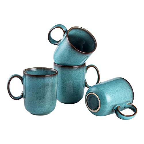 Kaffeetasse Set, 4 teilig Tasse aus Steingut, Kaffeetasse Blau - 400ml, Tafelservice Modern Aussehen, Mikrowellen und Spülmaschinenfest