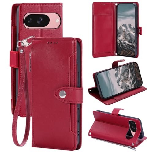 Étui compatible avec Google Pixel 7 rouge housse à rabat en cuir zippée