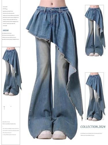 Women Vintage High Street Sense Niche Slim Fit Flare Denim Pants Washed Long Trousers4