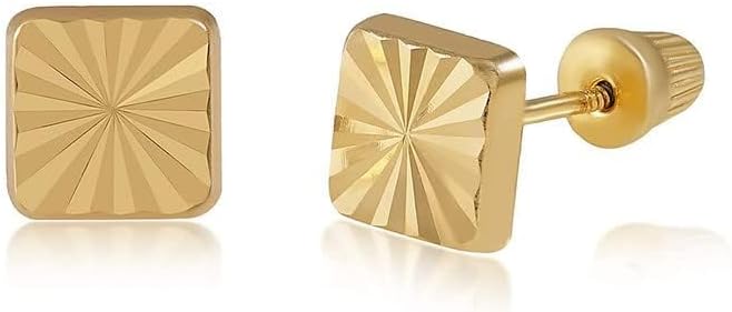14K Real Yellow Gold Diamond Cut Stud Earrings for Women & Mom - Hypoallergenic for Sensitive Ears for Christmas Gifts