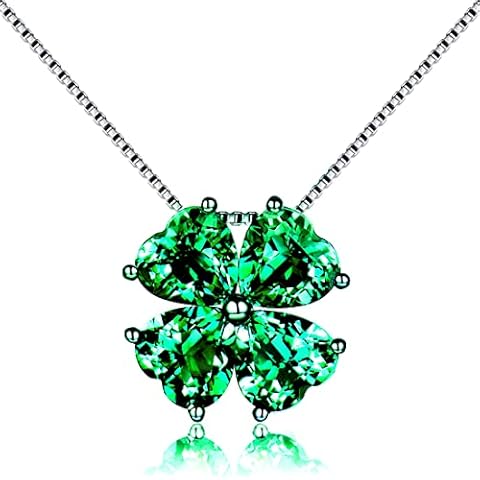 JIANGXIN May Birthstone Created Green Emerald 925 Sterling Silver Pendant Necklace for Women Lucky Four leaf Clover Fine Jewelry Birthday Gift 40~45cm Cover