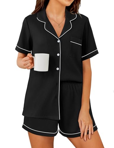 Image of Ekouaer Womens Waffle Knit Pajama Sets Soft Short Sleeve Button Down Sleepwear Cozy 2 Piece Pjs Shorts Set