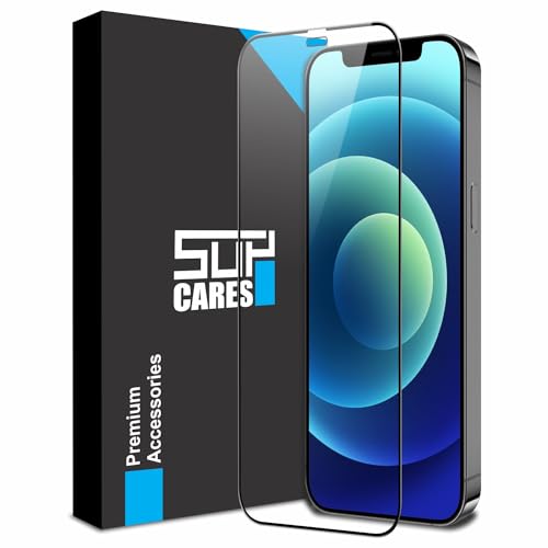 Image of SupCares Tempered Glass for iPhone 12 and iPhone 12 Pro (6.1 Inch) With Installation Kit | 9H Edge to Edge Screen Protector | Black