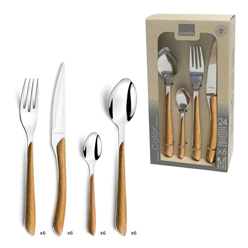 Amefa ECLAT Besteck Set NATURE Braun Holz Essbesteck 24-teilig für 6 Personen Edelstahl rostfrei Kunststoff-Griffschalen in Holzoptik...