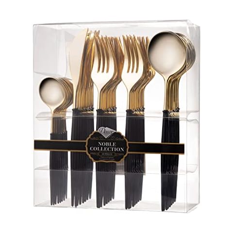 Decor Decorline - Reusable Sturdy Plastic Cutlery Set - 40 Pieces - Each Includes 16 Forks, 8 Knives, 8 Soup Spoons and 8 Tea Spoons - Noble Collection - Top: Shiny Gold - Handle: Black Cover