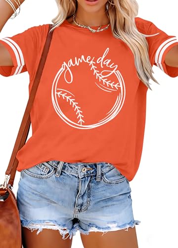 ALLTB Baseball Shirt Women Baseball Mom Shirts Funny Game Day Baseball Graphic Tee Tops Casual Ball Short Sleeve Tee Top Orange