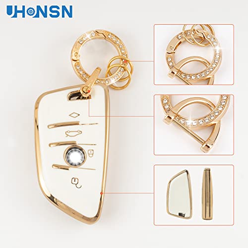 Uhonsn For Bmw Key Fob Cover Tpu Keys Protector Case Cute Keychain Compatible With Bmw 2 5 6 7 Series X1 X2 X3 X5 X6 Smart Remote Keyless Girly White Gold #TOP4