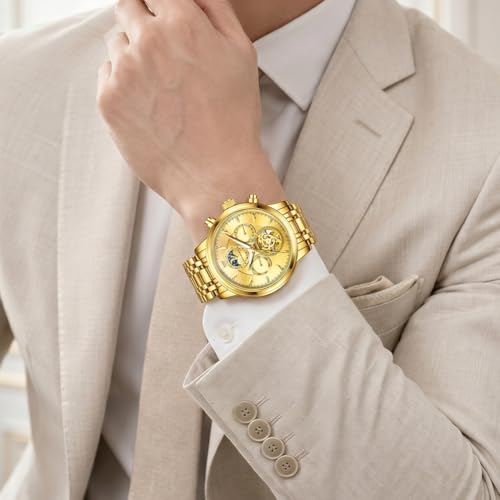 Image of OLEVS Men Automatic Skeleton Watch - Luxury Stainless Steel Calendar Moon Phase Mechanical Dress Wrist Watch with Luminous, Waterproof Self-Wind (Gold /Silver /Blue /Black)