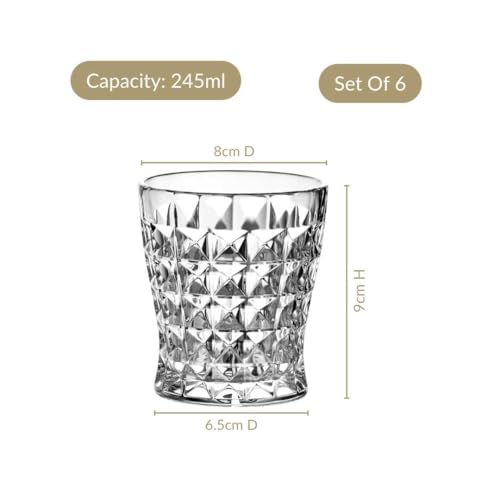 Image of Nestasia Transparent Set of 6 Small Juice Glasses (245 ml Each) - 100% Food Safe & Chip Resistant Raised Square Embossed Tapering Tumblers - Ideal for Water, Tea, Coffee & Refreshments