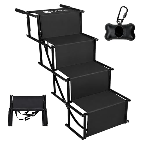 Dog Stairs for Car Truck & SUV Foldable Dog Steps for Small & Large Dogs with Anti Slip Surface & Poop Bag Dispenser Lightweight Dog Ramp Holds Up to 130lbs