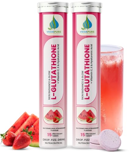 Image of Vedapure L Glutathione Effervescent Tablets with Vitamin C & E | Skin Brightening, Hydration & Collagen Boost | For Men & Women | 15 Watermelon & Strawberry Tablets (Pack of 2)
