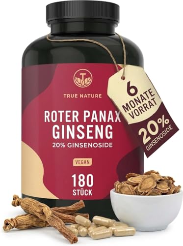 Roter Panax Ginseng hochdosiert | 180 Kapseln mit 600mg (20:1 Extrakt) pro Kapsel | 20% Ginsenoside | hohe Reichweite (3 Monate Vorrat) | C.A. Meyer Premium-Rohstoff - TRUE NATURE