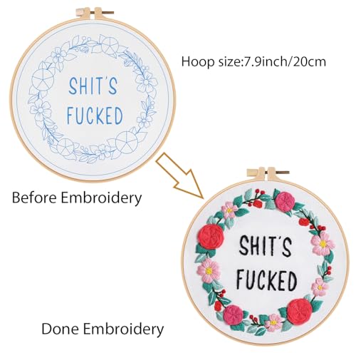 Image of Louise Maelys Funny Embroidery Kit for Beginners,Cross Stitch Kits for Adults,Flower Wreath Needlepoint for Starters Including Instruction and Threads