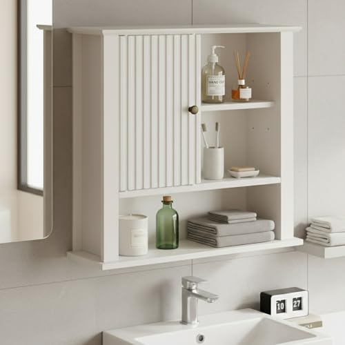 RoyalCraft Wall Bathroom Cabinet, Wall Mounted Medicine Cabinet with Fluted Sliding Door, Adjustable Shelves, Over Toilet Storage Cabinet for Laundry, WC, White