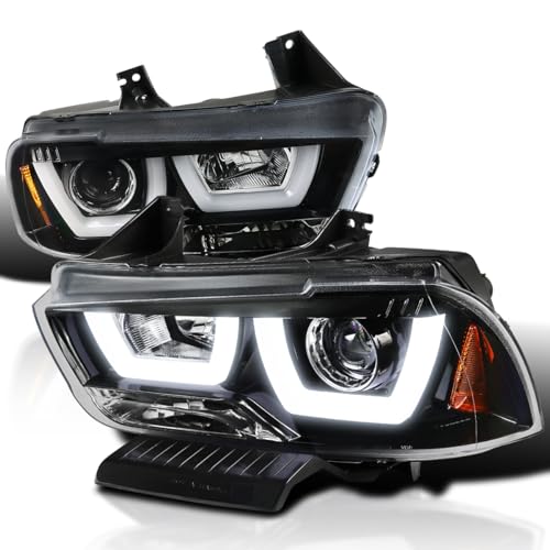 Spec-D Tuning Jet Black Dual LED Tube Projector Headlights Compatible with 2011-2014 Dodge Charger, Left + Right Pair Headlamps Assembly