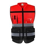 perfk Chaleco reflectante ropa de trabajo transpirable con bolsillos con cremallera para topógrafo que camina perros, Rojo Negro 3XL