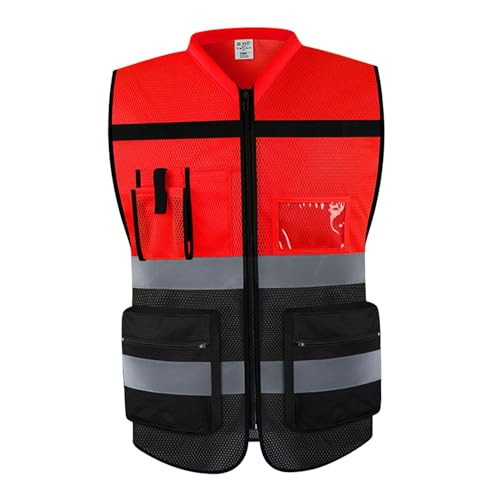 perfk Chaleco reflectante ropa de trabajo transpirable con bolsillos con cremallera para topógrafo que camina perros, Rojo Negro XL
