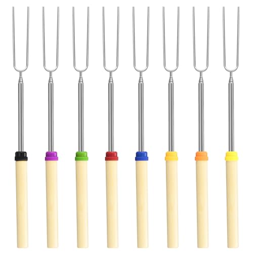 8 Pack Marshmallow Roasting Sticks Set, Extendable 32in Long Metal Barbecue Skewers with Wooden Handle, for Marshmallow, Hot Dogs, Camping, BBQ, Grill