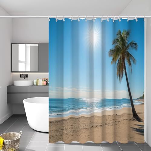 Coastal Landscape Shower Curtains,Beach with Palm Trees Bathroom Curtains Bathtub Home Decor Waterproof Fabric Machine Washable with PCS Hooks,36" W x 72" L (Pack of 1)