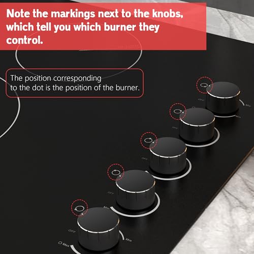 Image of Karinear 36 Inch Electric Cooktop Knob Control 5 Burners Radiant Stove Top | Hardwired 220-240V, No Plug, Built-in Design, Perfect for the elderly, 9 Power Levels, Residual Heat Indicator, 8400W, 40A