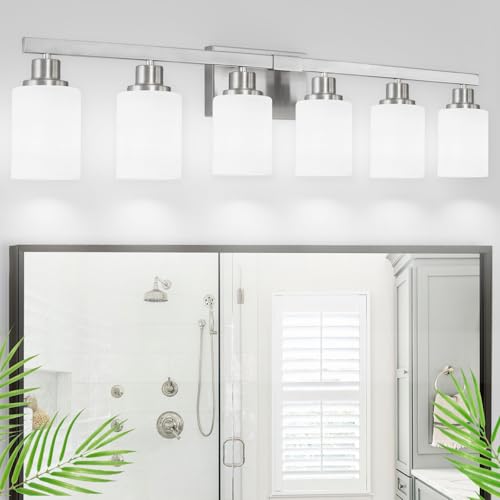 Image of 6-Light Bathroom Vanity Light Nickel Bathroom Vanity Lights 36.8in | White Frosted Ribbed Glass Shade Wall Sconce Lighting Wall Lights Bath Vintage Wall Mounted Lamps for Mirror E26 Base