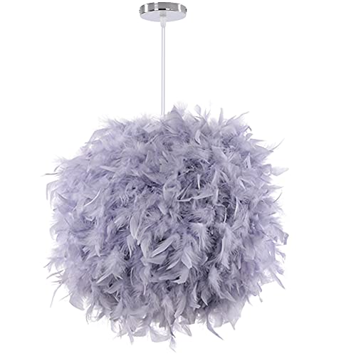 Lustre Suspension en Plume, Moderne Lustre Forme Sphère 30CM, E27 Plafonnier Suspension Décoration, pour Salon Chambre à Coucher Chambre d’Enfants Garçon (Gris)