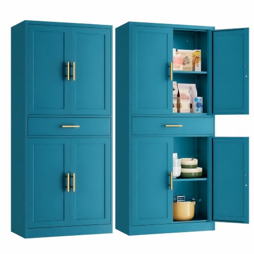 Image of Wanfu Metal Kitchen Pantry Cabinet, 71 inch Tall Kitchen Storage Cabinet with 1 Drawer, Doors and 2 Adjustable Shelves, Metal Storage Cabinet for Kitchen, Dining Room, Living Room- Blue